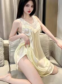 Sophisticated Comfort] Elegant Purple Satin Nightgown With Lace Trim, Sleeveless Round Neck Vest Dress For Women – Comfortable And Stylish Sleepwear - 香檳色 - 查看 4