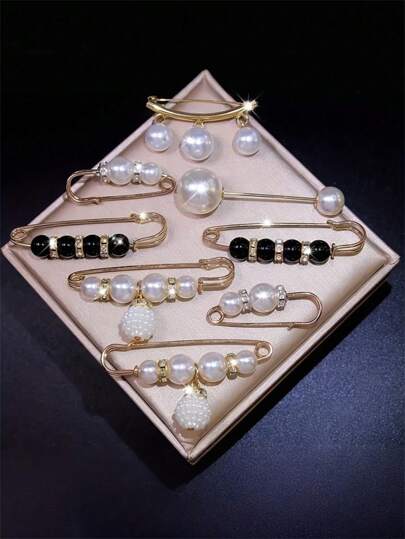8 piezas de broches de perla falsa elegantes, clips para cinturón de cintura, cierres de vestido, accesorios para sombreros, alfileres para bufanda, botones para ropa, regalo para la novia (sin caja)