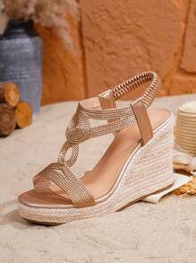 Sandalias de plataforma con cuña y suela de lino para mujer, sandalias de tacón alto con cuña para verano, viajes y vacaciones al aire libre - Champán - Ver 8