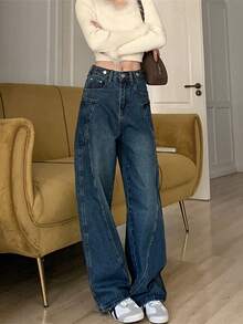 Women's Retro Striped High-Waisted Wide Leg Denim Jeans, Deep Blue