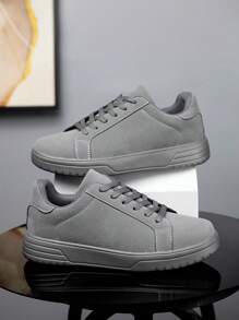 Men's Minimalist Style Solid Color Patchwork Lace-Up Sneakers, Comfortable Casual Slip-On Flat Outdoor Sports Shoes For Daily Commute