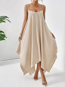 大码女式夏装 - 优雅缎面吊带裙，不对称下摆，透气吊带长裙，适合休闲海滩婚礼 - 米色 - 查看 8
