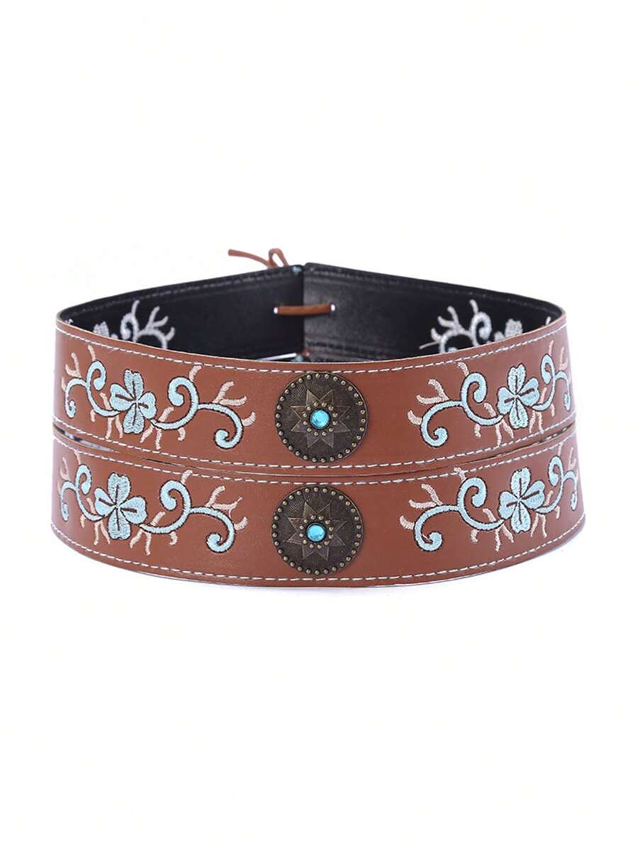 1 件复古刺绣饰边配棕色皮革和金属镶嵌，复古头带发饰