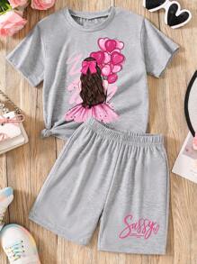 Tween Girl Cartoon Print Short Sleeve Top And Shorts Set