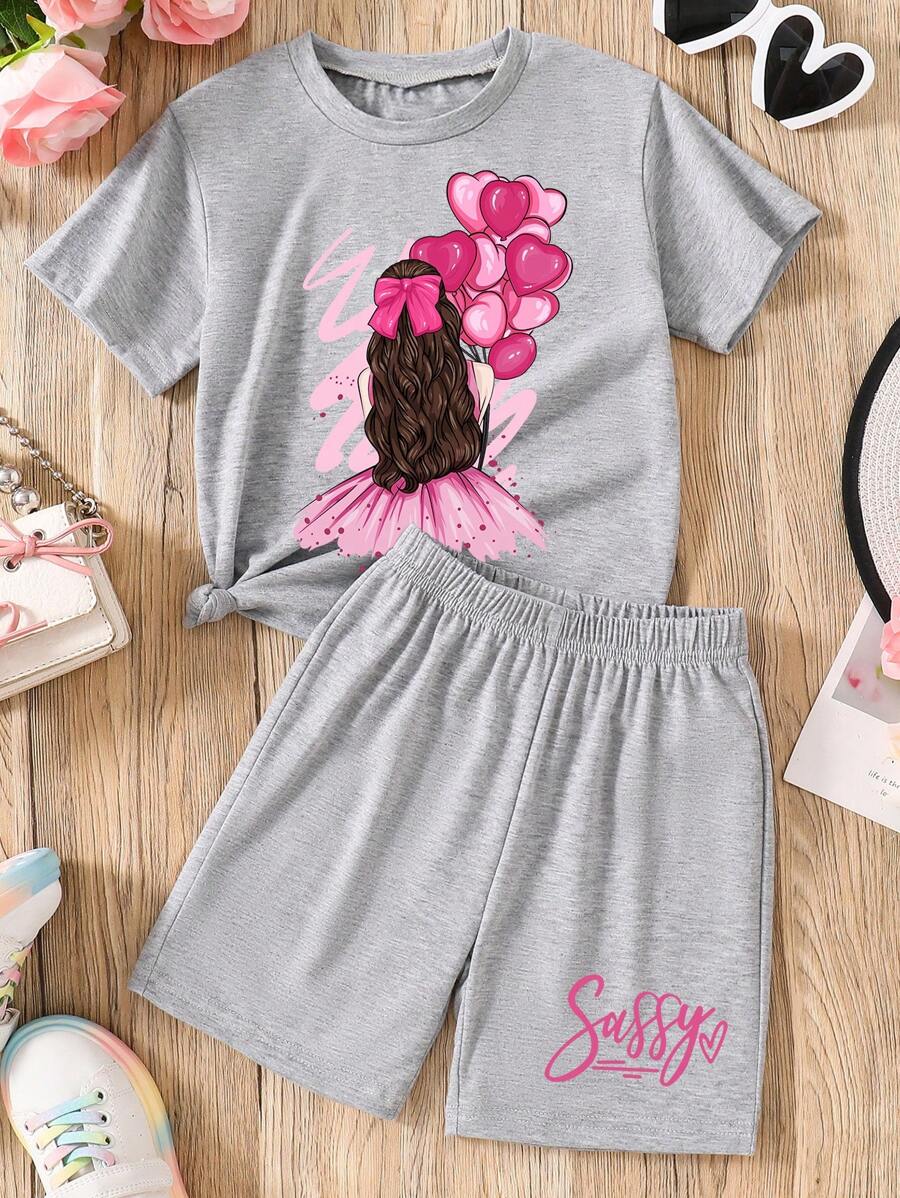 Tween Girl Cartoon Print Short Sleeve Top And Shorts Set