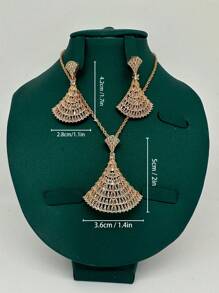 2 件时尚优雅扇形设计合金微镶嵌 3A 方晶锆石项链和耳环首饰套装，适合女性日常、晚会、婚纱配饰、约会、礼物 - 金色 - 查看 6