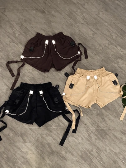 Short Cargo Feminino Preto ou Bege com 2 correntes e Refletivos