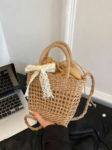 Yogodlns Luxury Designer Lace Bow Straw Weave Women's Handbag Crossbody Bag Small Bucket Tote Summer Beach Bag Casual Hollow Out Weaving Shoulder Bags For Women Small Square Crossbody Bag Purse Female Fashion Handbag Clutch