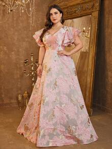 [随机剪裁] 大码女士 V 领荷叶边袖刺绣礼服、晚会礼服