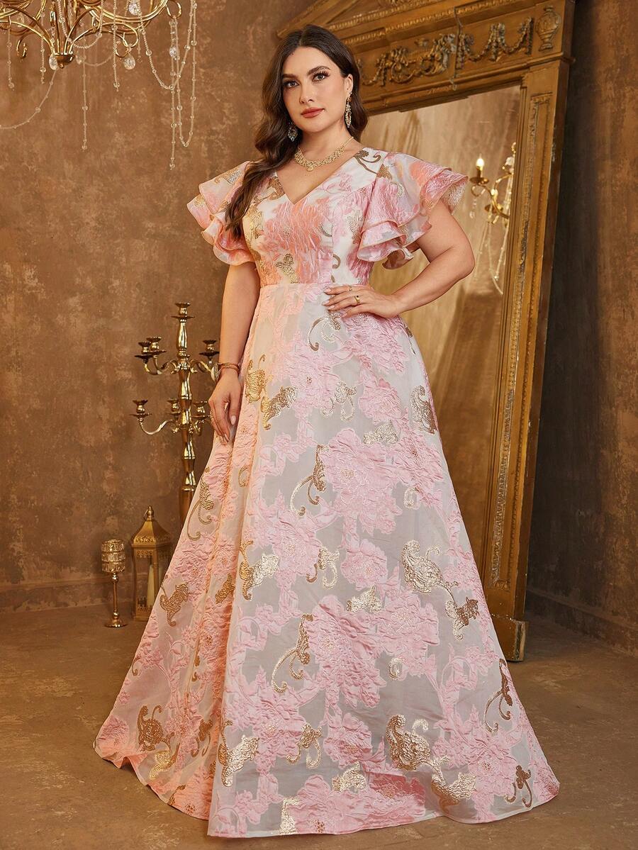 [随机剪裁] 大码女士 V 领荷叶边袖刺绣礼服、晚会礼服