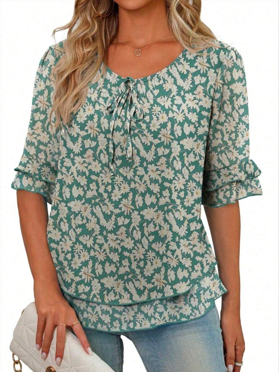女士花卉印花前系带短袖衬衫