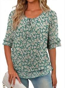 Women's Floral Print Tie-Front Short Sleeve Blouse