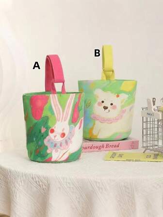 1pc Painting Style Handbag, Cute Printed Outdoor Portable Tote Bag, Canvas Cartoon Student Bag