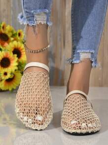 全新欧美风格镂空网眼平底凉鞋，罗马镂空舒适女式沙滩拖鞋 - 米色 - 查看 3
