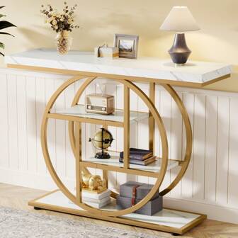 Consoletafel, 105 cm industriële 4-laags salontafel, entreetafel met ronde voet, smalle houten bijzettafels met opbergplanken voor woonkamer, gang, hal