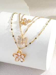 3 件套优雅奢华魅力时尚锆石五瓣花、水滴、心、星星、月亮、蝴蝶和蝴蝶结设计项链吊坠，是送给女性、女朋友、最好的朋友、妈妈、老师、毕业典礼的理想礼物 - 彩色 - 查看 2