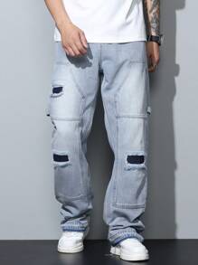 Loose Denim Cargo Pants With Ripped Patchwork Design, Fashionable Washed Cotton Jeans