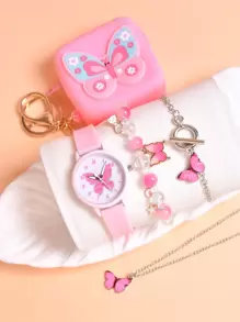 5入組/套時尚軟矽膠粉色的蝴蝶手錶套裝適合女孩,包括石英表,彈性蝴蝶手環,吊墜項鍊,手環,和零錢包 - 粉色 - 查看 7