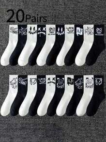 5/10/20 双儿童和青少年袜子，女童中筒网眼袜，男孩和女孩白色透气图案袜子，简约时尚，适合所有季节 - 彩色 - 查看 1