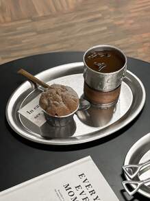 1pc Stainless Steel Oval Serving Tray, Cafe Coffee Shop Afternoon Tea Bread Cake Dessert Plate - Silver - View 7