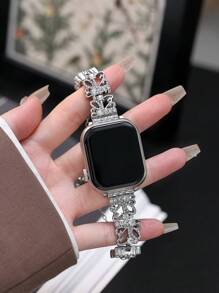 1pc Fashion Apple WatchBand Watch Strap Silver Bracelet Women,Geometric Floral Openwork Rhinestone Pattern Design Perfectly Fits The Wrist,Rhinestone Metal Shiny Strap, Compatible With Apple Watch Series 10/9/8/7/SE/6/5/4, 38mm 40mm 41mm 42mm 44mm 45mm 46mm 49mm, Smart Watch Strap, Bracelet Wristband Suitable For Her Gifts, Gifts To Friends,Adjustable AppleWatch Band