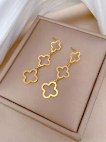 1 对女士简约镂空四叶草耳环，适合日常佩戴 - 金黃色 - 查看 4