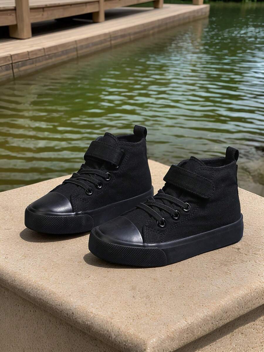 春季儿童帆布鞋，透气学生运动鞋，平底男女通用休闲运动鞋 - 黑色 - 查看 1