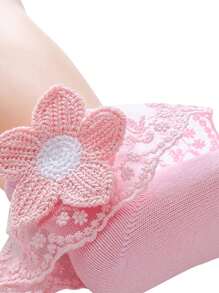 Infant Baby Girls Ruffle Socks, Sweet Eyelet Frilly Lace Princess Ankle Socks With Sunflower Applique - Pink - View 3
