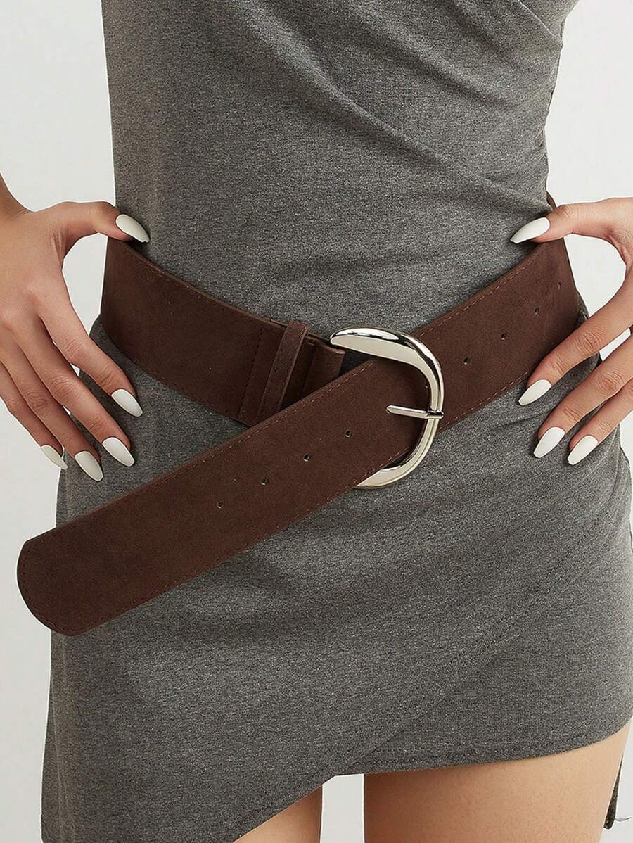 1 chiếc thắt lưng bản rộng bằng da lộn giả màu nâu cổ điển cỡ lớn dành cho nữ, phụ kiện thắt lưng nhiều lớp thời trang tối giản màu trơn, thích hợp sử dụng hàng ngày (Chiều dài thắt lưng 103cm-104cm, sai số 2cm là bình thường) - màu nâu - Xem 1