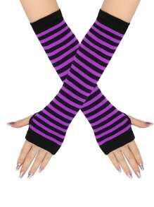 复古哥特式 Y2K 风格条纹露指针织长腕臂保暖器，适合年龄较大的儿童和青少年，适合日常穿着、聚会、节日和礼物