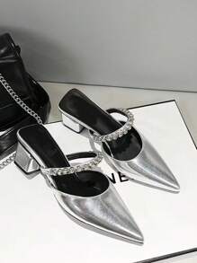 2025 New Arrival French Elegant Crystal Strap Slip-On Mule Heels, Pointed Toe | 2025 Summer New French Gorgeous Pointed Toe Crystal Silver Mid Heel Slide Sandals | 2025 New French Elegant Rhinestone Pointed Toe Thick Heel Slide Sandals, Summer - Silver - View 2