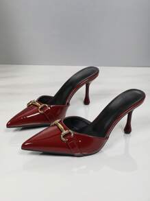 Fashionable Summer New Wine Red Mule Sandals With Buckle Effect Slim Heel Closed Toe
