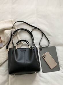 Women's Fashionable Versatile Solid Color Tote Shoulder Bag - Black - View 3