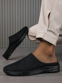 男女通用网眼一脚蹬运动凉鞋，一脚蹬拖鞋透气休闲平底户外凉鞋，夏季 - 黑色 - 查看 2