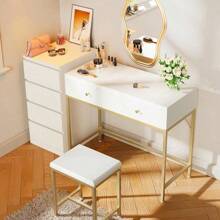 SUPERJARE computadora blanco y dorado de 35.4 pulgadas con 2 cajones, moderno computadora de maquillaje con taburete acolchado, computadora pequeño para computadora de oficina en casa para escribir - 1 - Ver 4