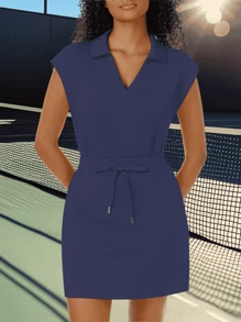 Women's Two Piece Skirt Sets Tennis Outfits Fashionable Casual Cap Sleeve Lapel Shirt Summer Sport Short Skort Set - 藏蓝色 - 查看 3