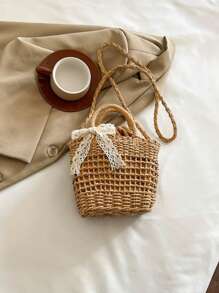 Yogodlns Luxury Designer Lace Bow Straw Weave Women's Handbag Crossbody Bag Small Bucket Tote Summer Beach Bag Casual Hollow Out Weaving Shoulder Bags For Women Small Square Crossbody Bag Purse Female Fashion Handbag Clutch