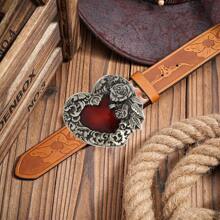 1pc Men/Women Retro Rose & Heart Engraved Buckle Leather Belt, Personalized Casual Waist Belt Suitable For Jeans, Ideal For Teen, Summer, Casual, Outdoor, Athletic, Vacation, Travel, Graduation, Birthday, Daily Wear