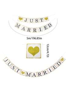 1pc-Wedding Banner Decoration Just Married Paper Wedding Wreath Supplies Proposal Engagement Sign Outdoor Party Bride Room Photo Decoration, Gold Glitter Just Married Sign Wreath Used For Bridal Tea Party Decoration, Photo Props And Car Decoration