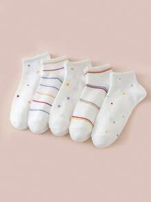 5 Pairs Women's Lace Trim Cute Socks, Breathable Casual Everyday Simple Ankle Socks, Spring/Summer - Multicolor - View 2
