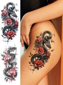 2 件装奇幻哥特式花卉、蛇、虎、狐狸、骷髅性感防水临时纹身贴纸 - 彩色 - 查看 12