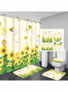 1 cái/4 cái Rèm tắm chống thấm nước đa chức năng họa tiết hoa hướng dương phong cách mùa hè có 12 móc, thảm chống trượt cho phòng tắm, thảm trải sàn hình chữ U, nắp bồn cầu tròn, bộ đồ dùng phòng tắm phù hợp với mọi tình huống - Nhiều màu - Xem 9