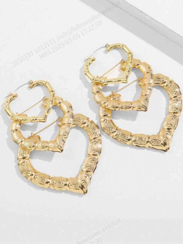 3 Pairs Fashionable Exaggerated Bamboo Joint Heart-Shaped Earrings