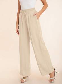 Pantalones dama con resorte para mujer con bolsillos laterales inclinados, líneas de costura visibles - Beis - Ver 6