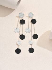 1 Pair Geometric Fringe Accented Round Fashionable Chic Versatile Earrings - Silver - View 2