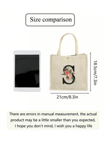 1pc Linen Flower & Letter Print Tote Bag, Minimalist Large Capacity Handbag, Portable Casual Storage Bag, Multifunctional Shopping Bag, Personalized Gift Bag, Suitable For Weddings, Birthdays, Beaches, Holidays And Other Occasions, Perfect Gift For Girls, Teachers, Friends, Bridesmaids, Students And Back To School, Also The Best Christmas Gift For Teachers