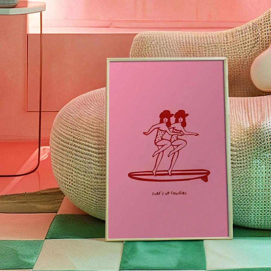 1PC Frameless Canvas Art Print - Vintage Western Surf Cowgirl, Art Deco Classic Modern Style, Wall Decor For Home Office, Bathroom, Living Room, Bedroom, Dining Room - Ink Artwork, Portraits, Character Themes, Herringbone Patterns - Spring/Summer Wall Art Decor - Perfect Gift For Art Lovers And Home Decor Enthusiasts!