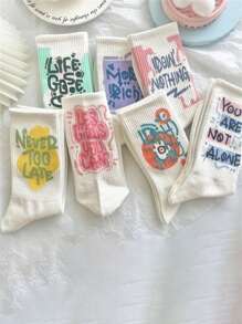 1/7 Calcetines de media pantorrilla de doble capa, calcetines largos casuales y lindos para mujeres y estudiantes con diseño de graffiti artístico, versátiles para todo el año y de talla promedio - Multicolor - Ver 7