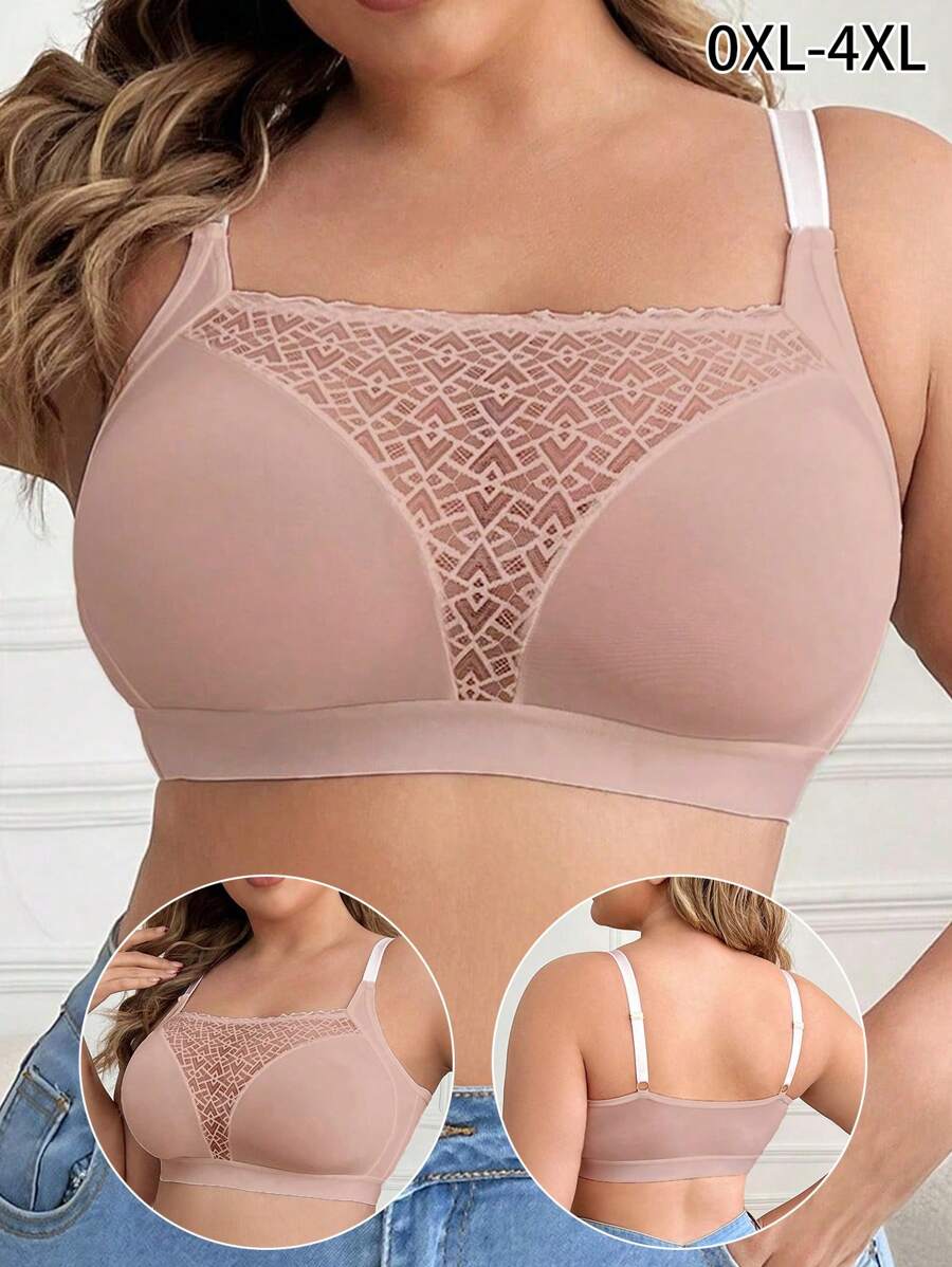 Plus Size Women Lace Patchwork Wireless Soft Comfortable Bra