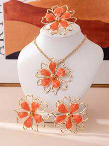 Enamel Drip Floral Design Necklace, Ring And Earrings Set, Elegant And Fashion Accessories Suitable For Gifts, Parties And Daily Wear - Mauve Purple - View 6